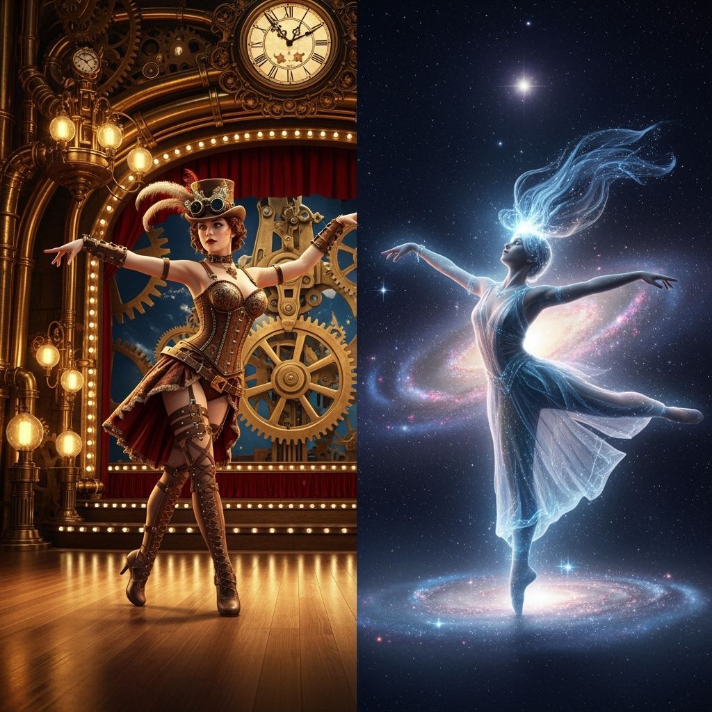 Steampunk Showgirl and Cosmic Dancer in Split Image