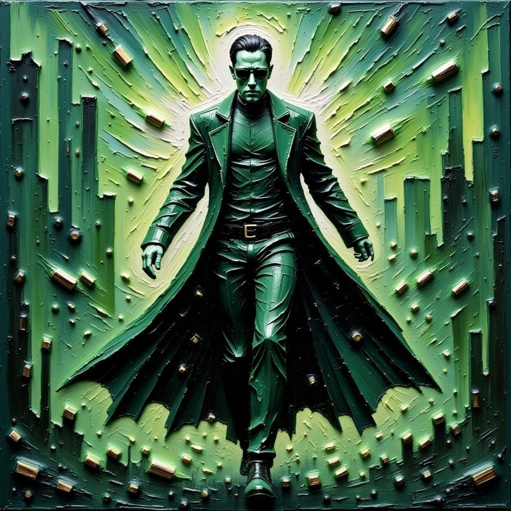 Neo Dodges Bullets in Matrix, Textured Impasto Style