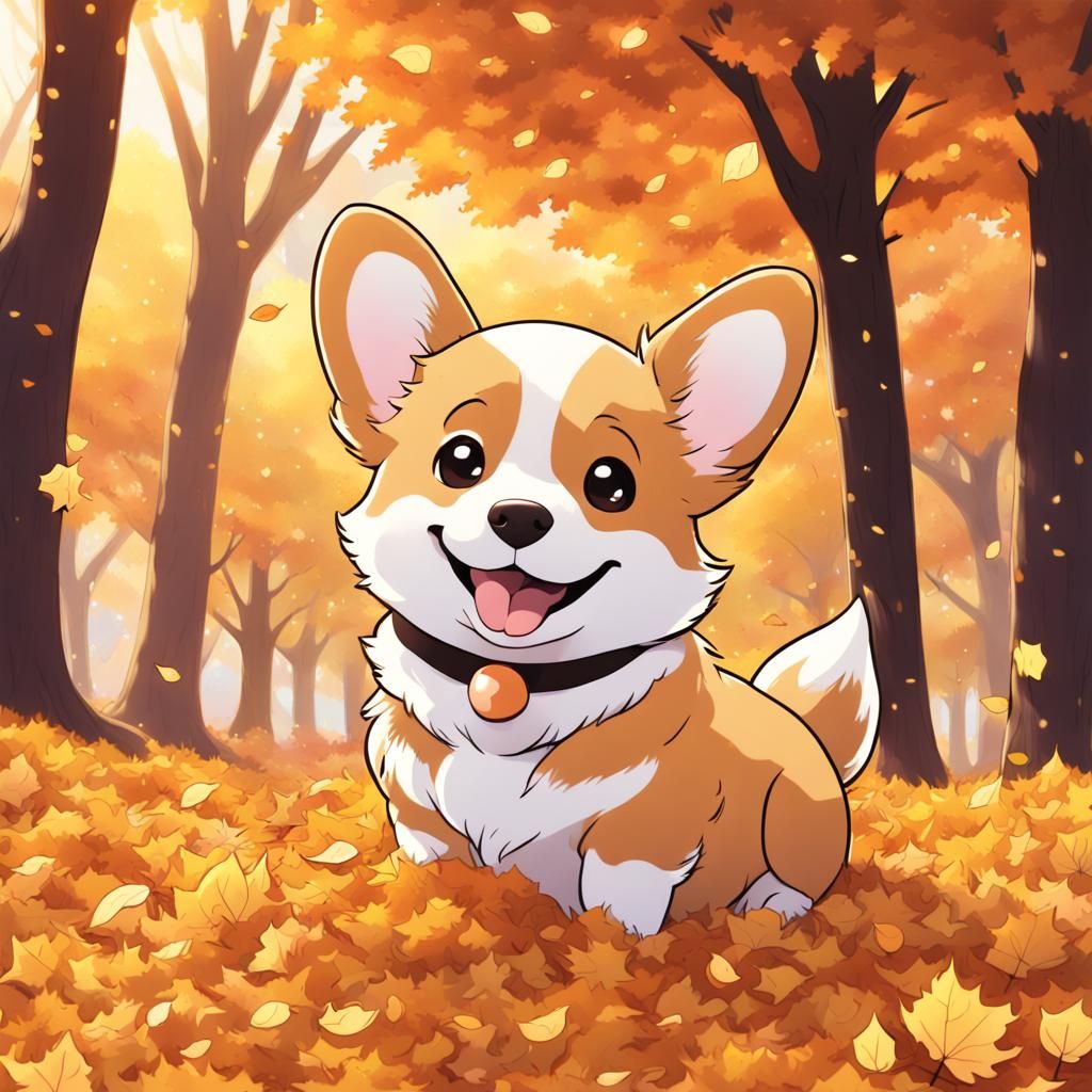 Corgi Puppy Smiles in Autumn Leaves, Disney Style