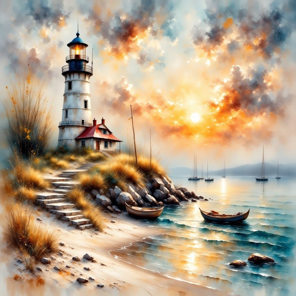 Romantic Lighthouse Sunset: Impressionist Watercolor Paintin...