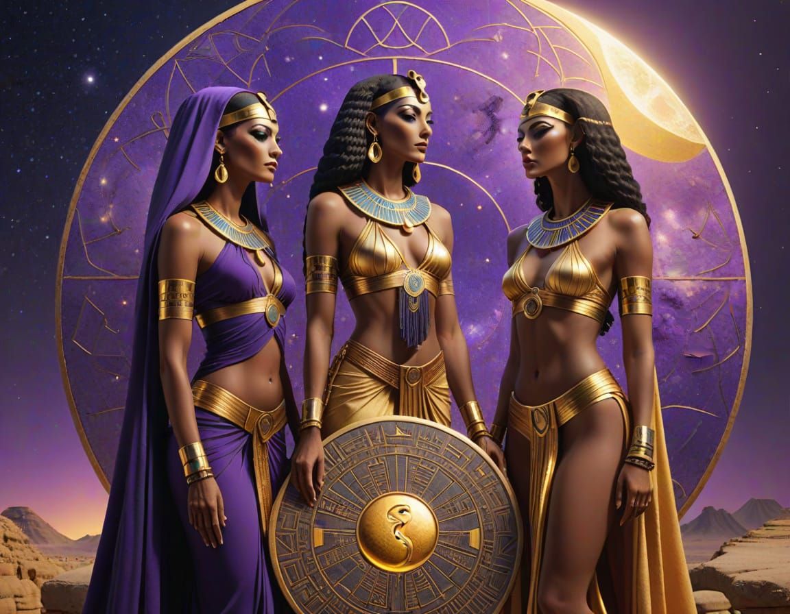 Women Under Violet Moon with Golden Accents