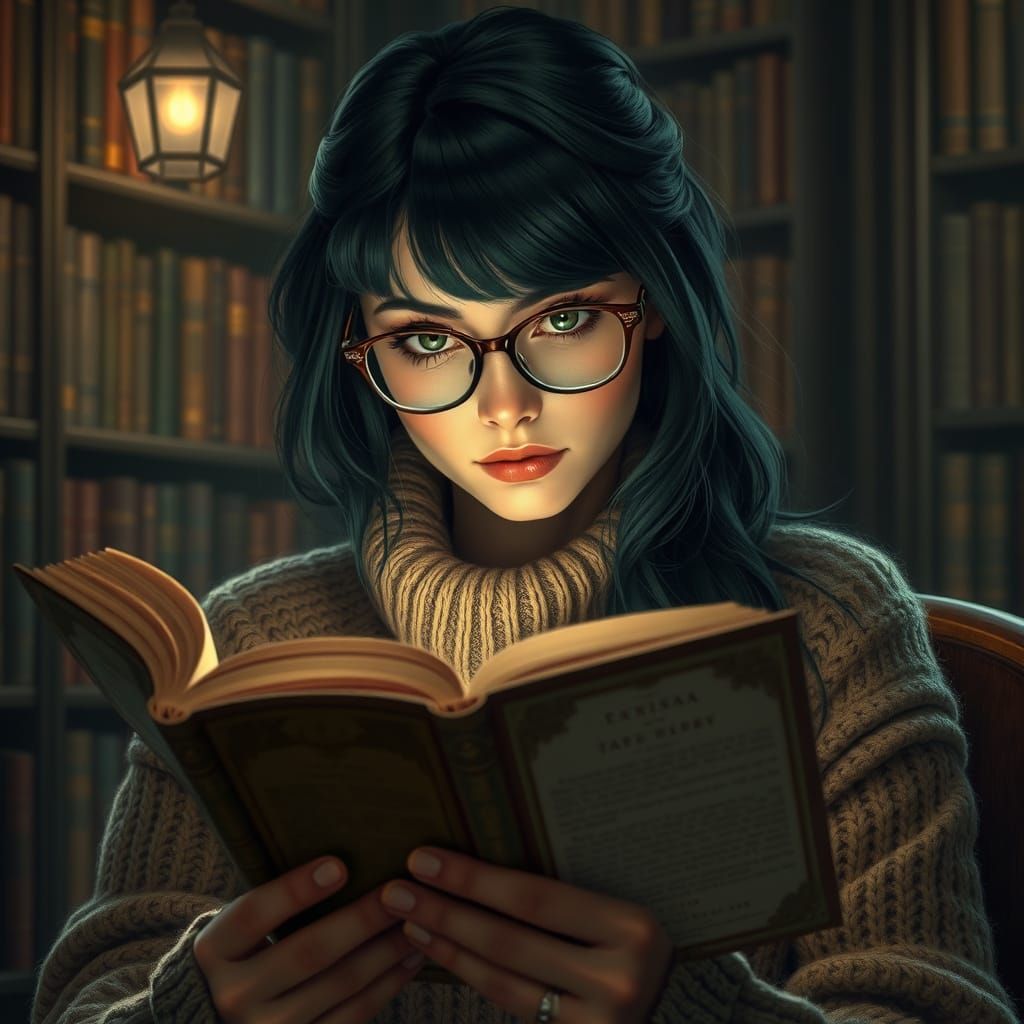 Woman Reading in Library, Art Nouveau Style