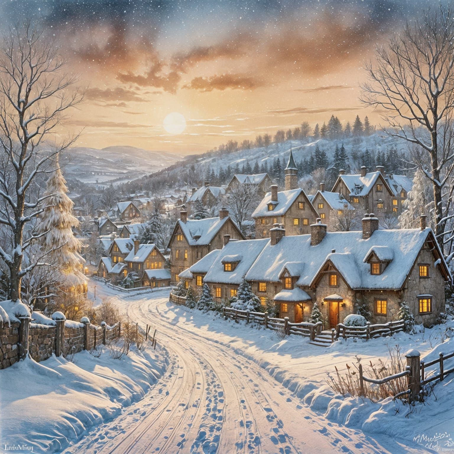 English Village Winter Scene in Watercolor Style