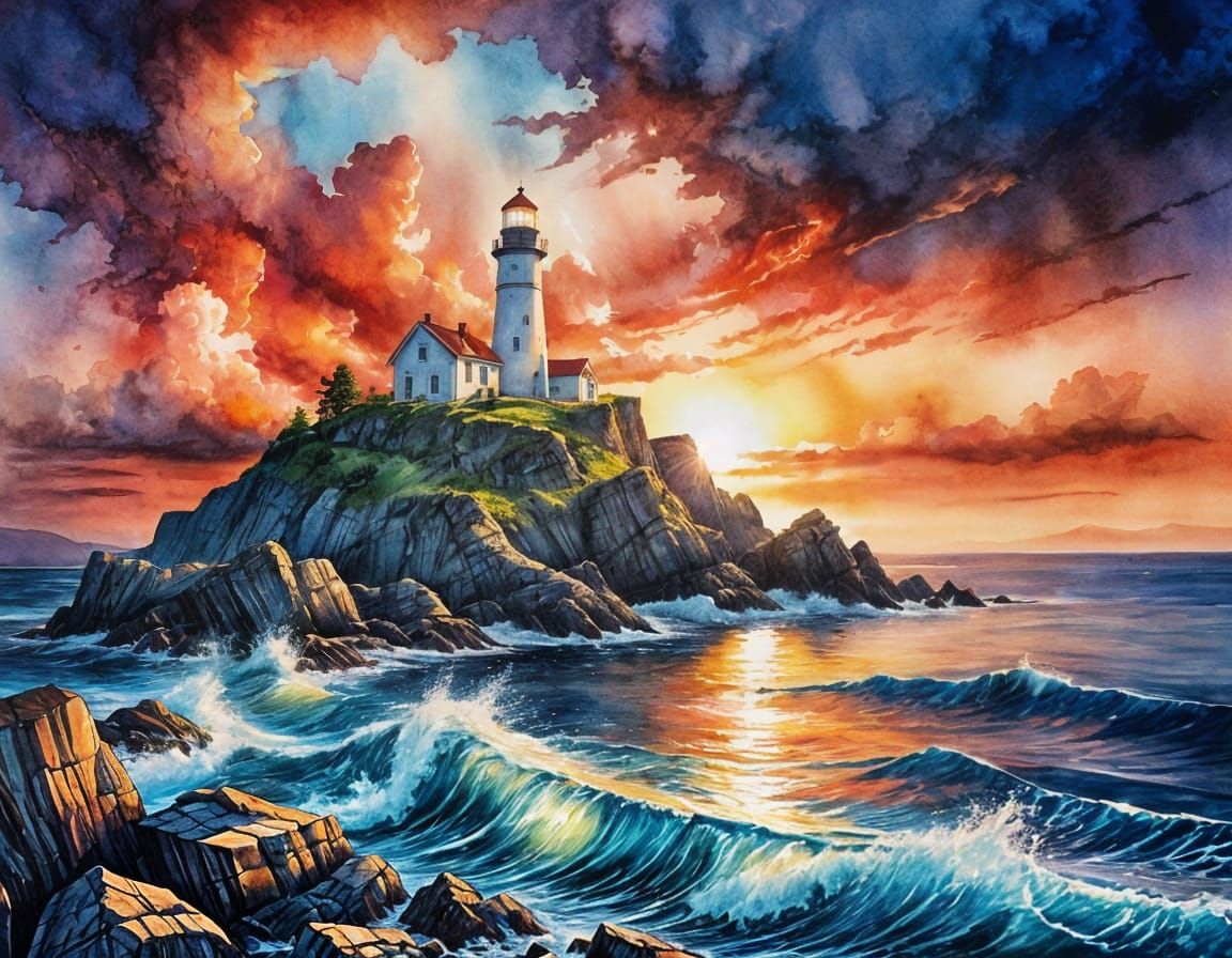 Dramatic Lighthouse Sunset in Alcohol Ink Style