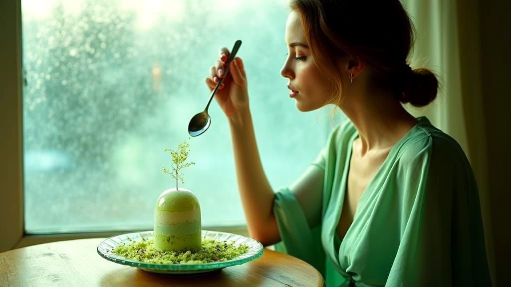 Woman in Mint Dress by Frosted Window With Parfait