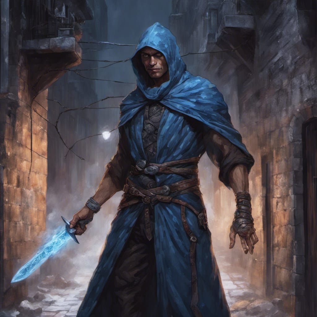 Fantasy Rogue with Energy Knife in Alleyway
