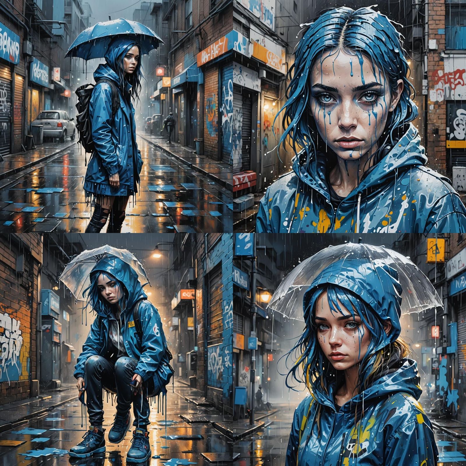Blue Girl in Rainy Evening: Graffiti Street Art