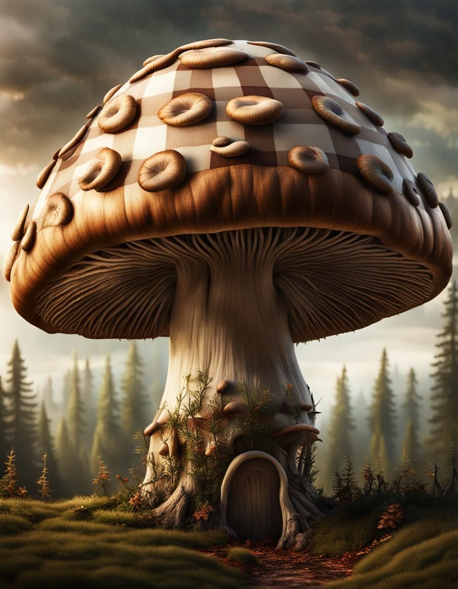 Giant Plaid Mushroom in Detailed Forest