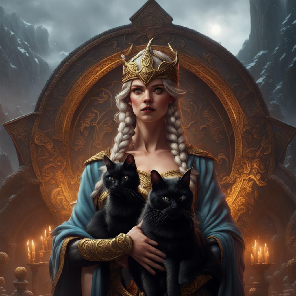 Freya with Black Cat: Norse Mythology Art