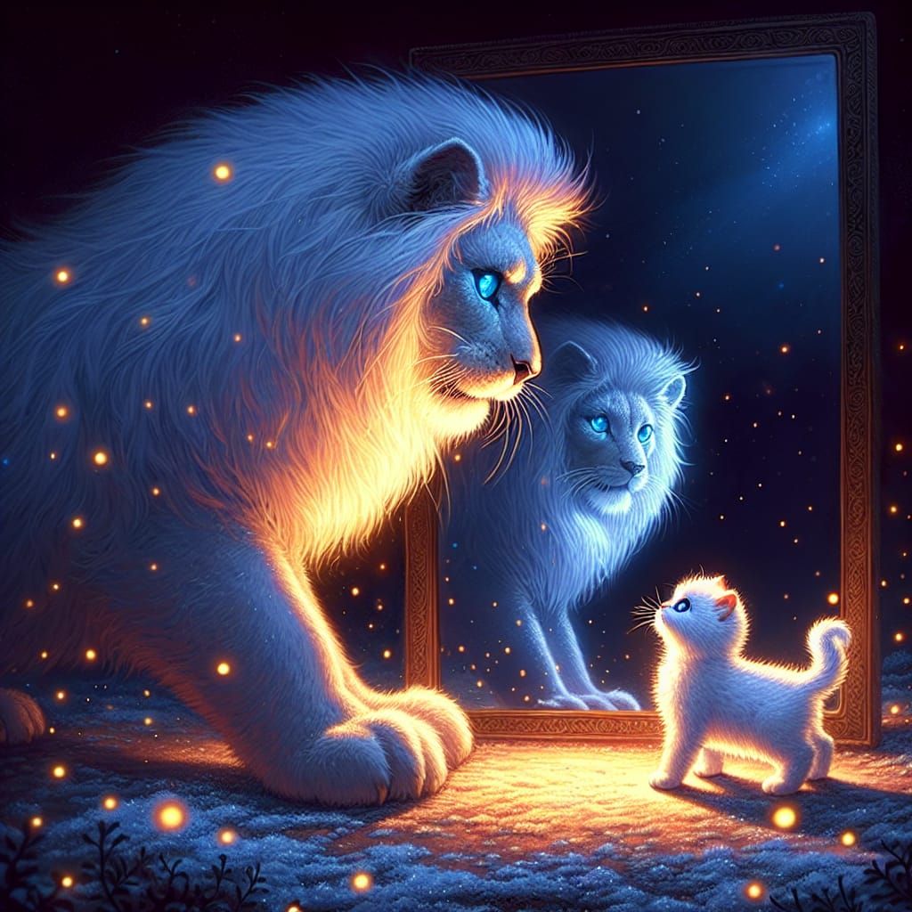 Mystical Cat and Lion Reflection at Night