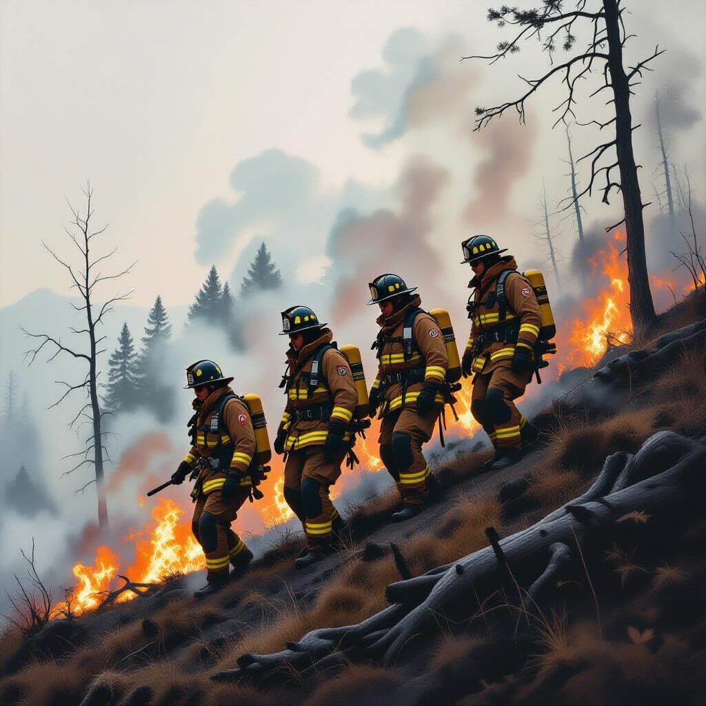 Women Firefighters Descending Smoky Hillside