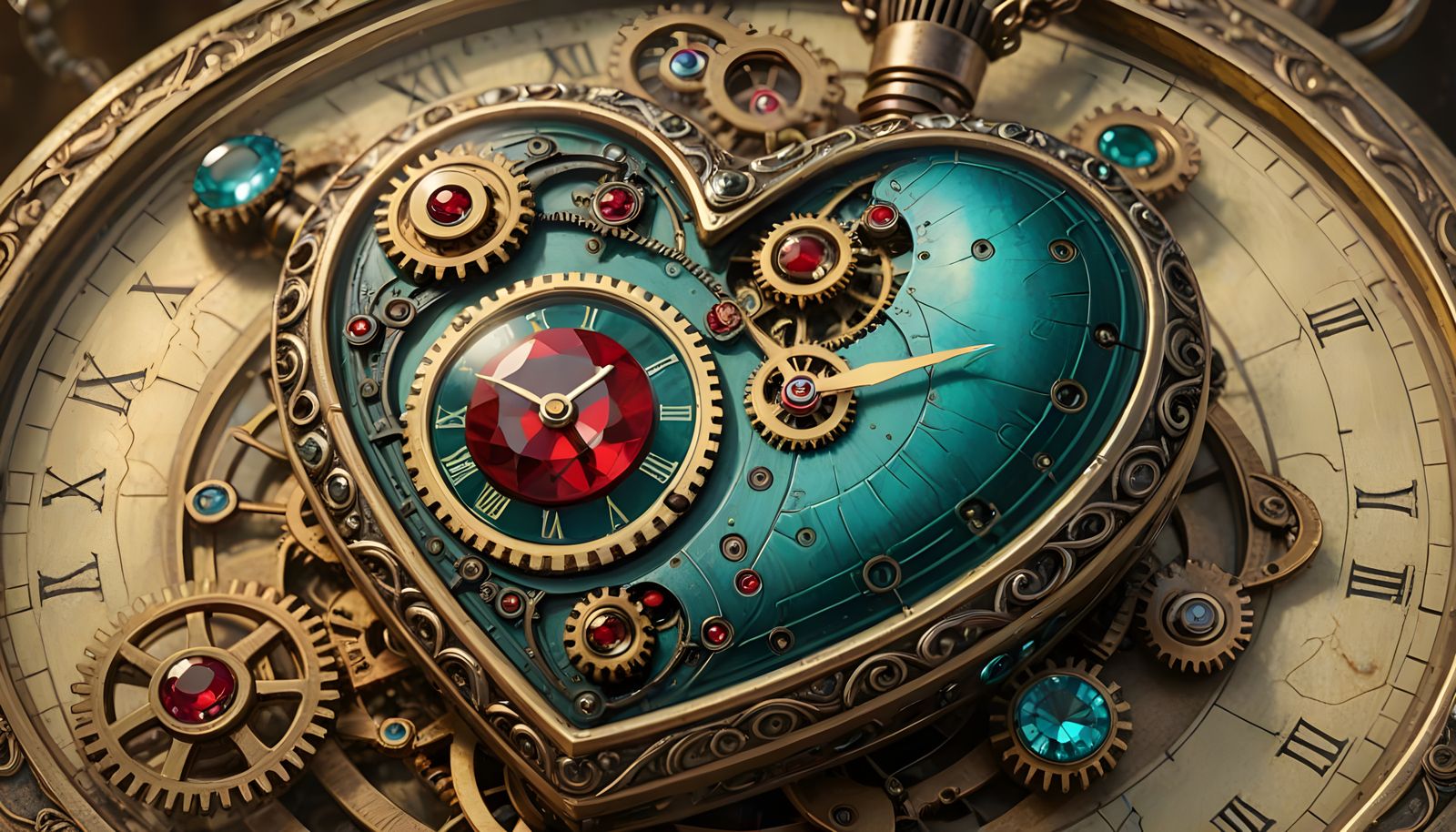 Teal Heart Clock Pendant on Aged Paper