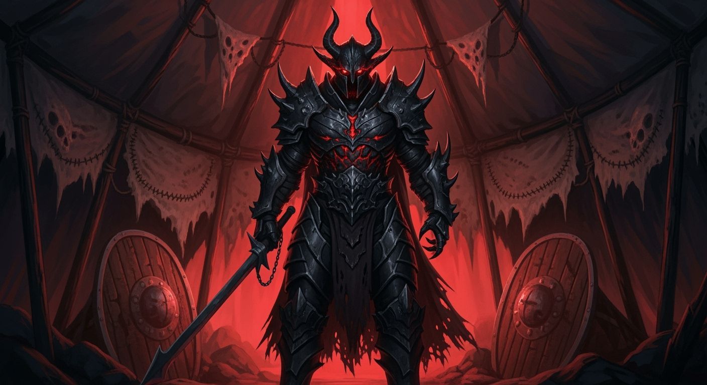 Dark Sorcerer-Warlord in War Tent with Glowing Red Eyes