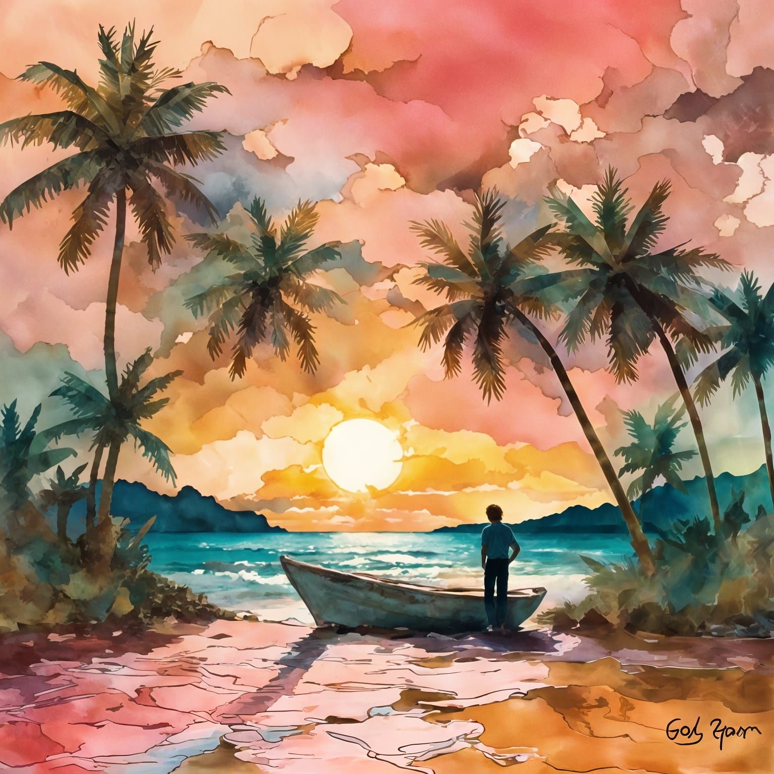 Tropical Island Sunset in Winslow Homer Style