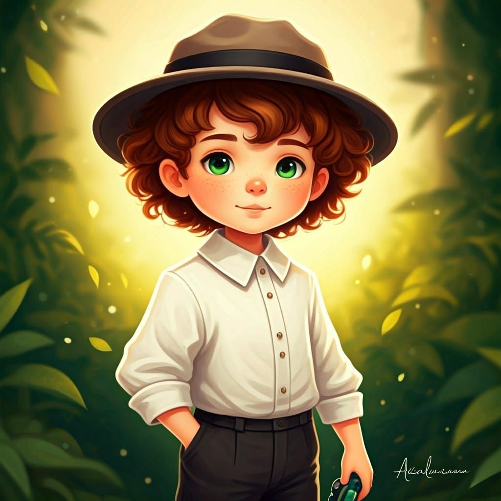 Whimsical Boy in Sunlit Garden, Digital Illustration