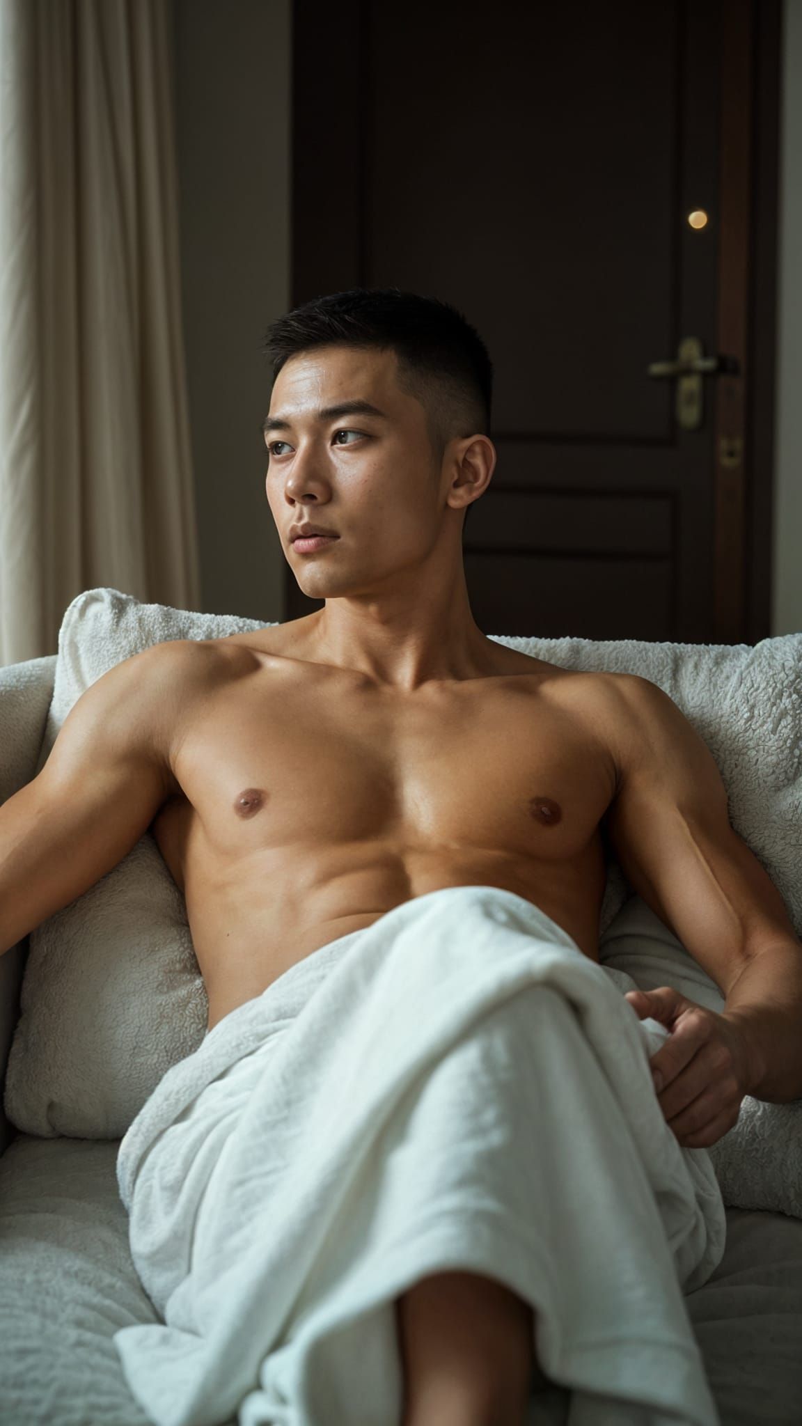 Relaxed Asian Man Lounging on Sofa