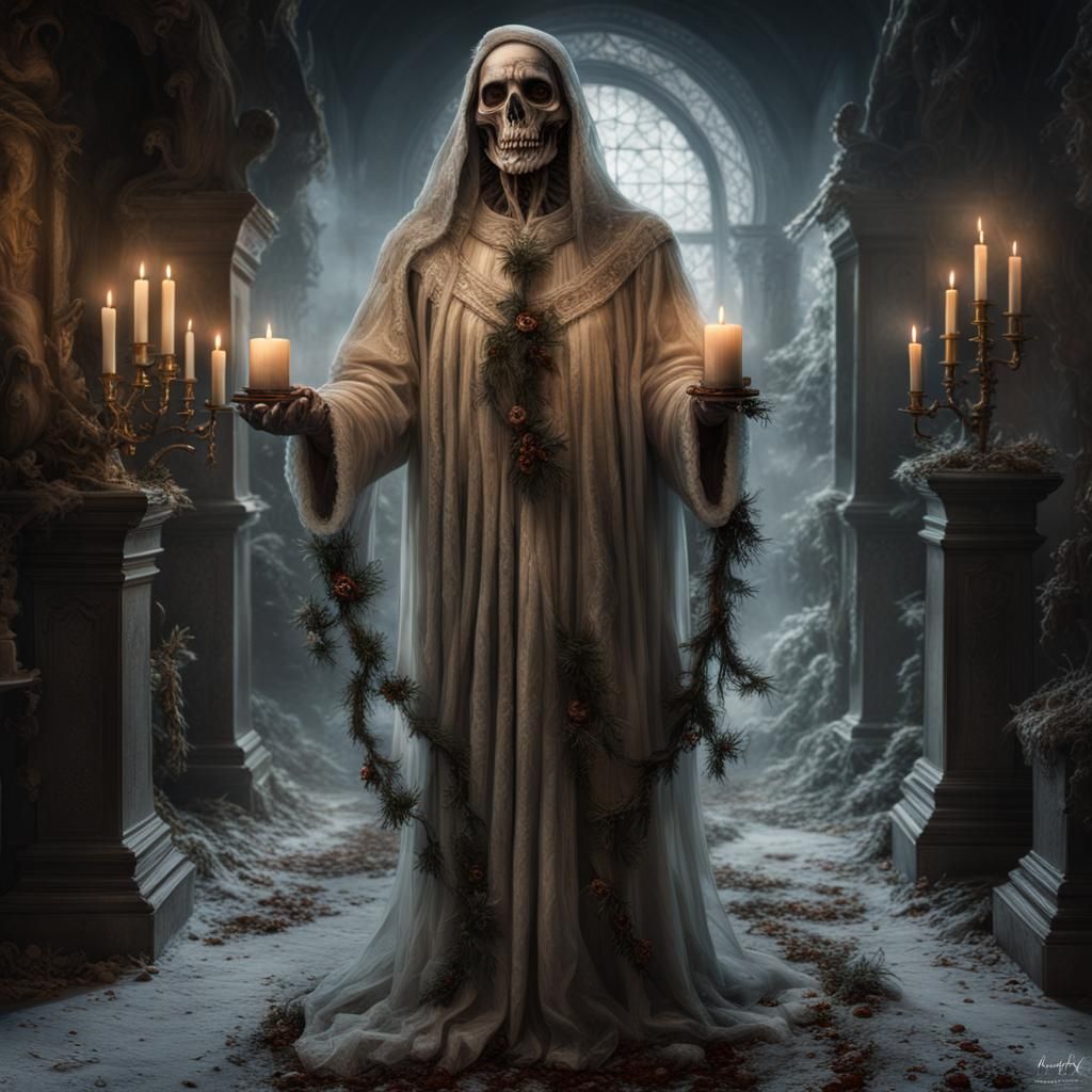 full body image of the Ghost of Christmas Yet To Come; intricate, detailed, horrific, shroud, terrifying face,accurate a...