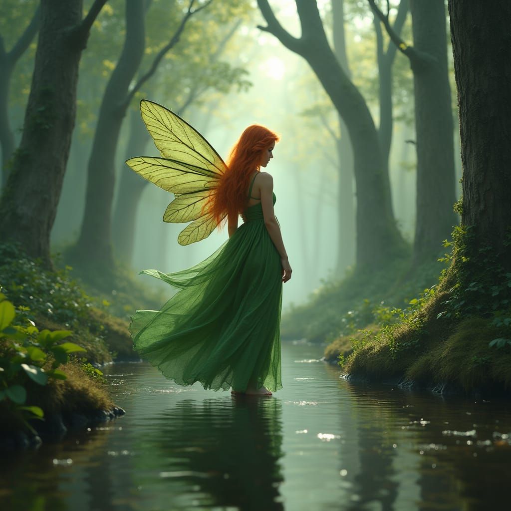 Ethereal Woman in Leaf Dress Reflects in Stream
