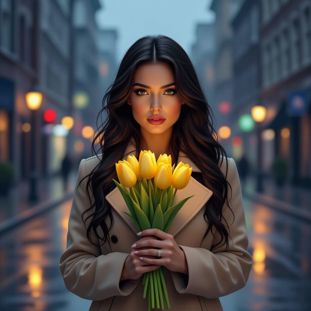 Woman with Tulips on Wet City Street in Digital Art Style