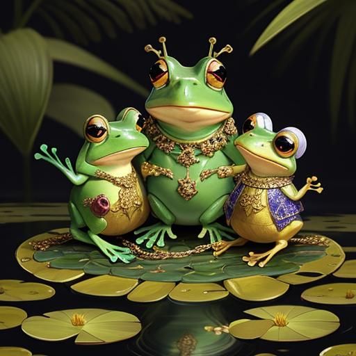 Frogs in Medieval Cloaks on Lily Pad