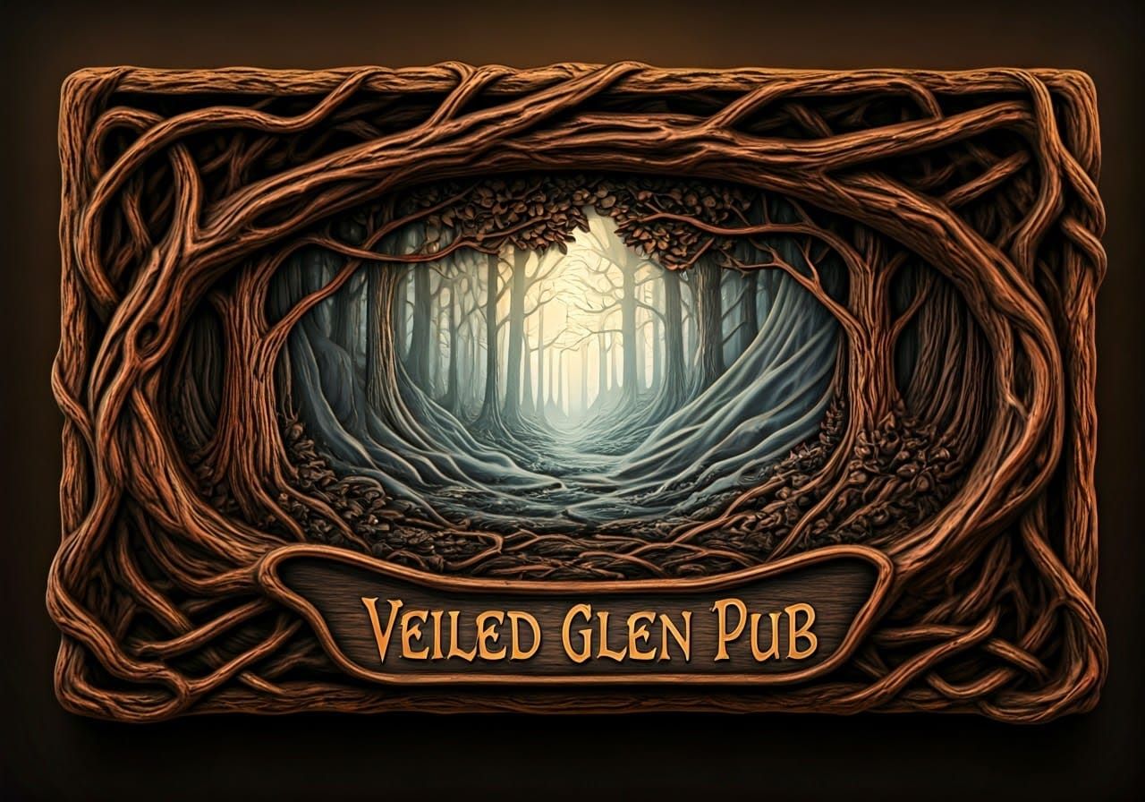 Mystical Wooden Tavern Sign in Celtic-Inspired Bas Relief