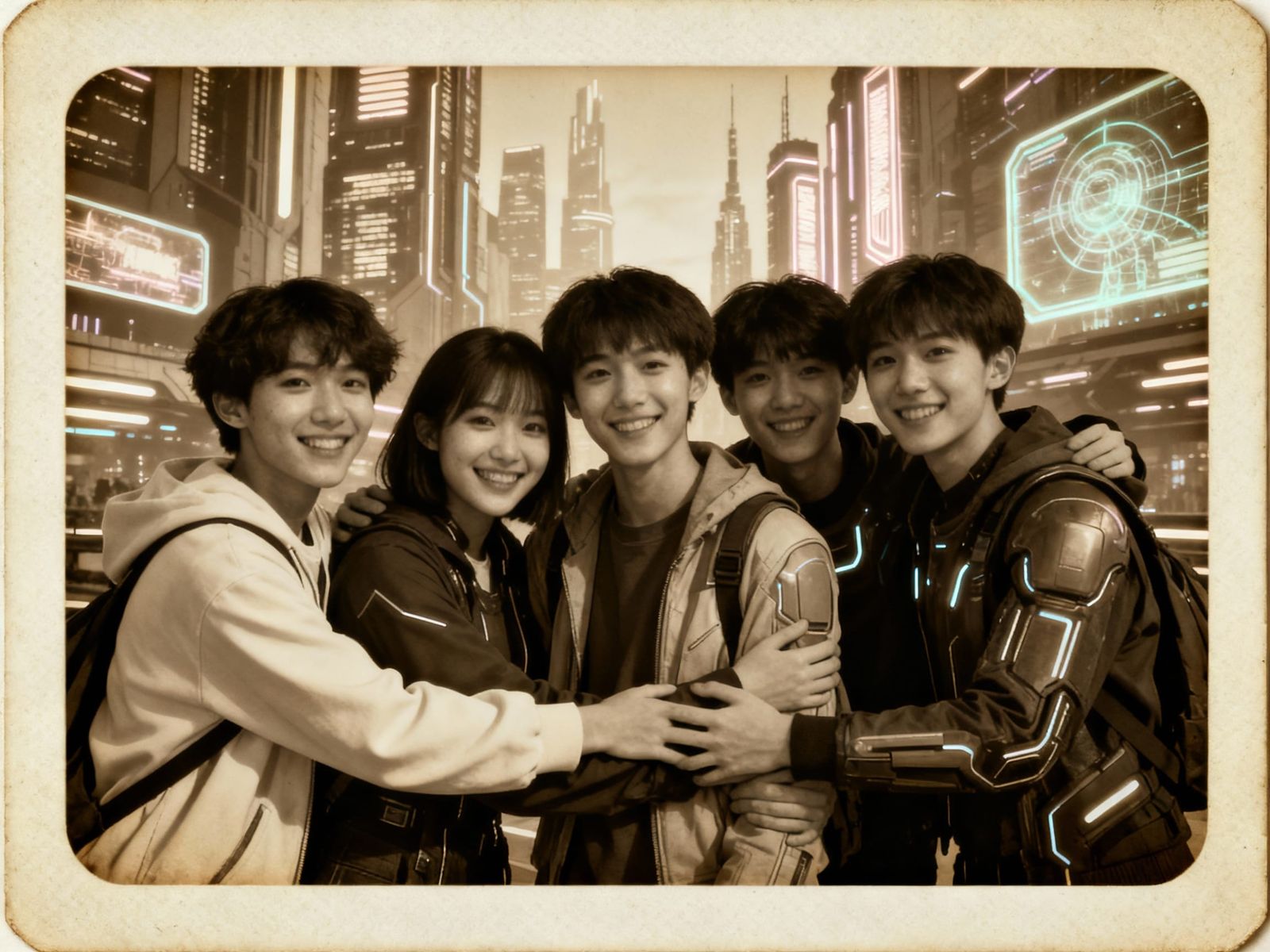 Future City Reunion Photo in Vintage Polaroid Style