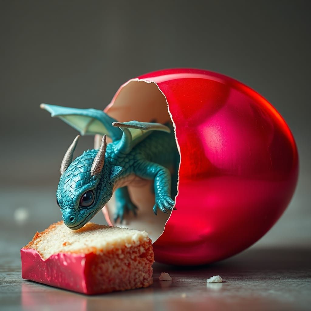 Iridescent Dragon Hatching From Cake Egg
