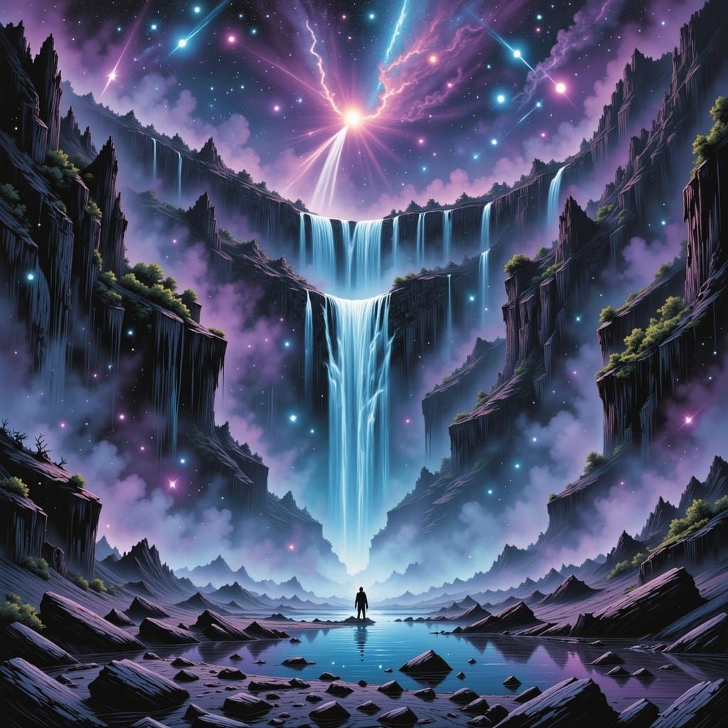 Cosmic Waterfall Scene in Digital Art Style