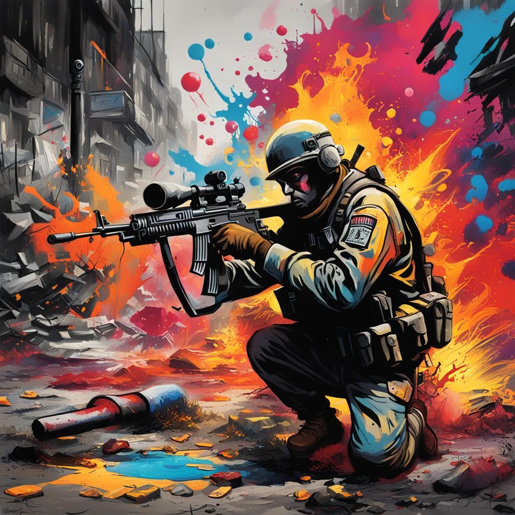 Violent War Scene in Graffiti Splash Art Style