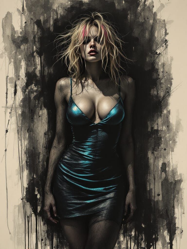 Pin Up Woman in Metallic Dress with Expressive Charcoal Styl...