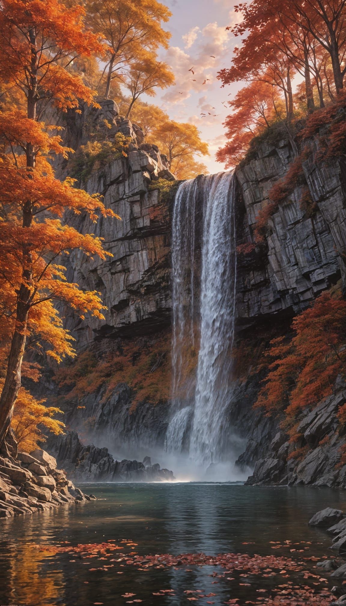 Breathtaking Sunset Waterfall in Vibrant Pastel Hues