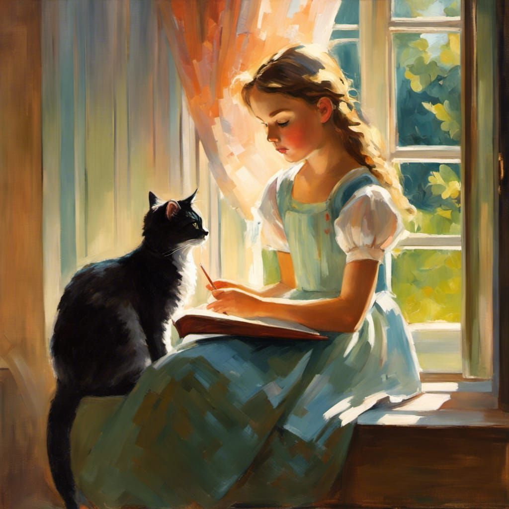 Girl Reading with Cat in Impressionistic Sunlight