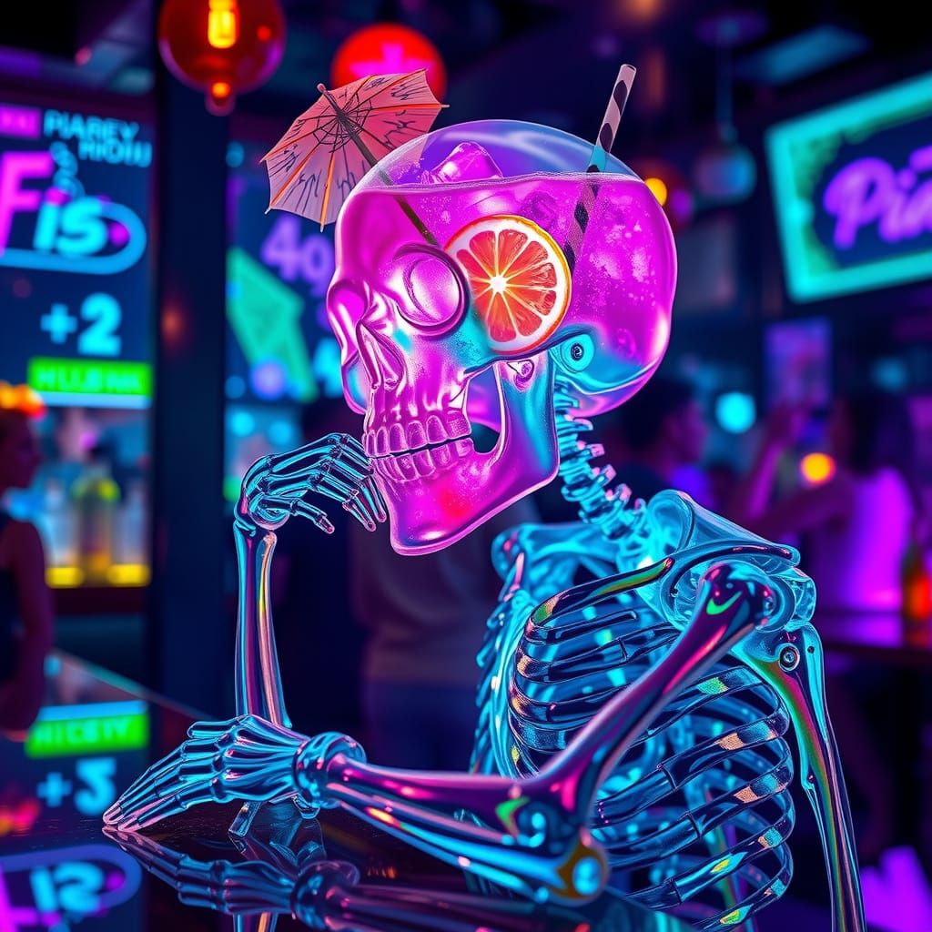 Crystal Skeleton Cocktail in Surreal Neon Bar
