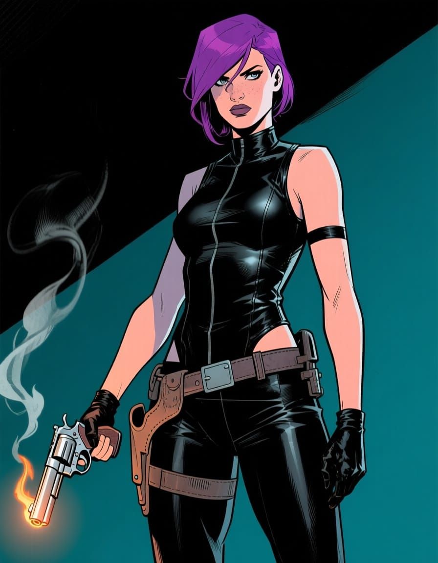 Purple Haired Assassin with Smoking Pistol in Comic Style