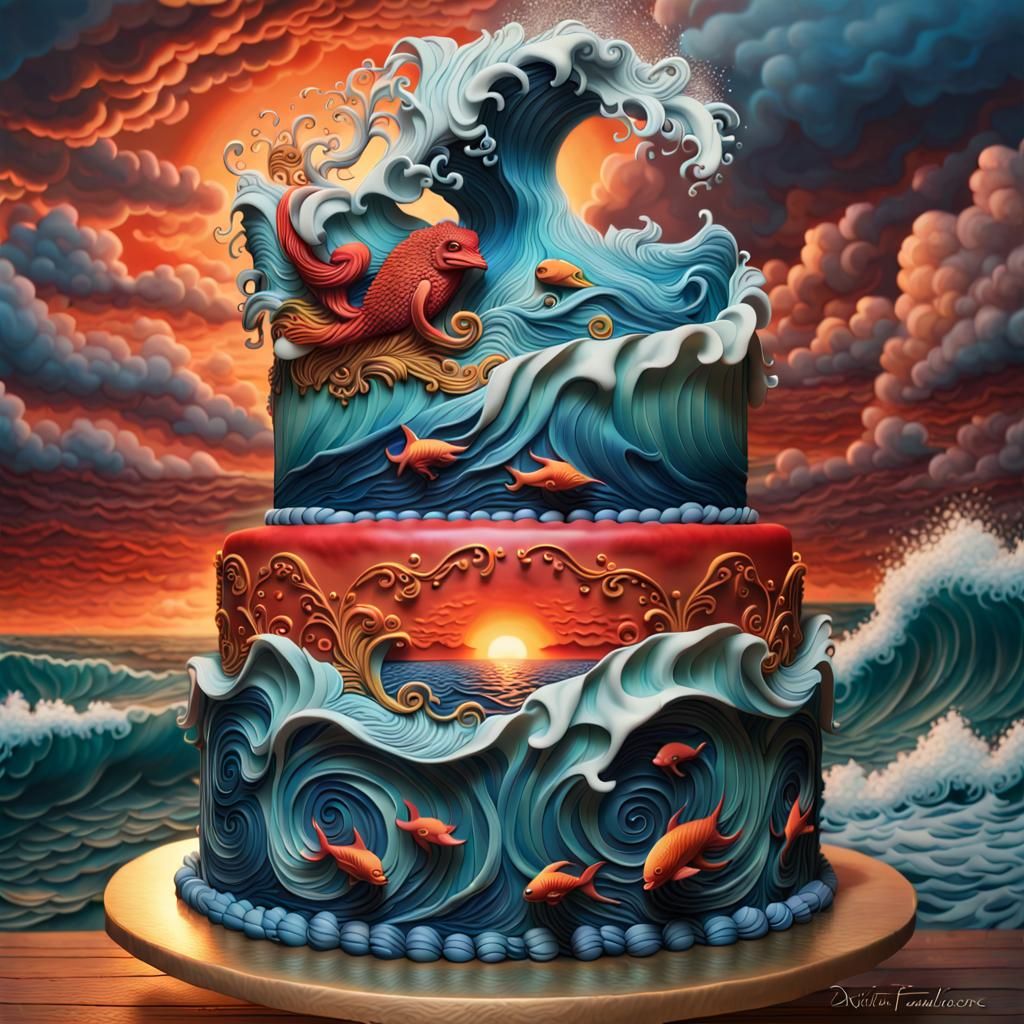 Aquatic Cake with Stormy Sunset, Hyperdetailed Airbrush Art
