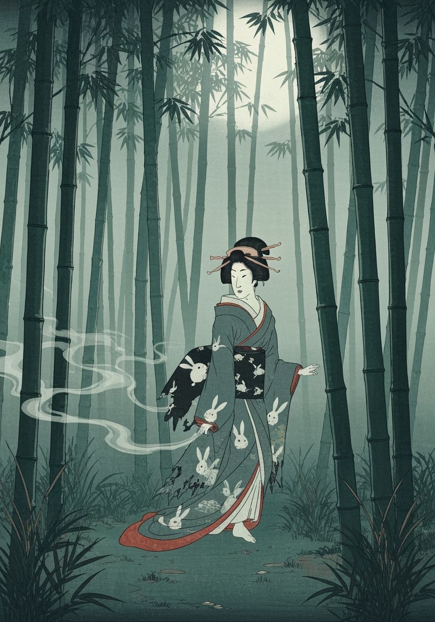 Ukiyo-E Ghost Geisha in Misty Bamboo Forest
