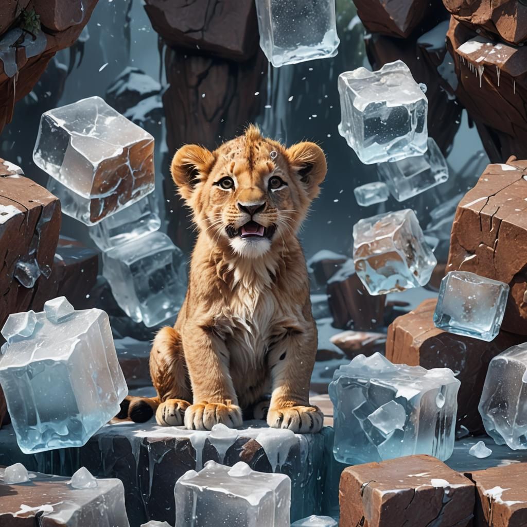 Cute Lion Cub Liking Ice Block, Detailed Digital Painting