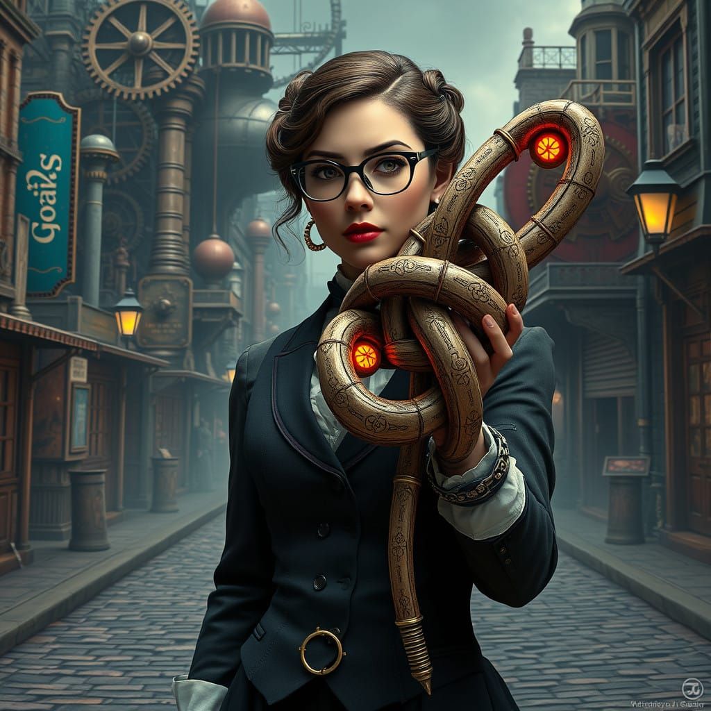 Retro Victorian Power Rangeress in Industrial Fantasy Citysc...