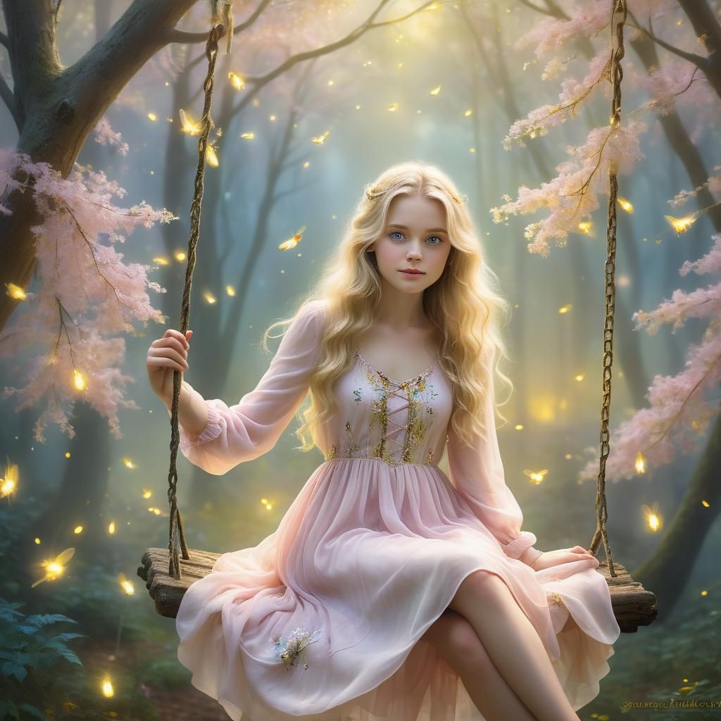 Ethereal Blonde in Forest of Fireflies, Fine Art Photo