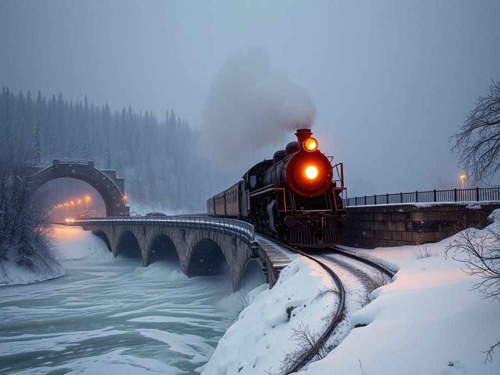 Steam Train Crossing Historic Bridge in Snowy Night