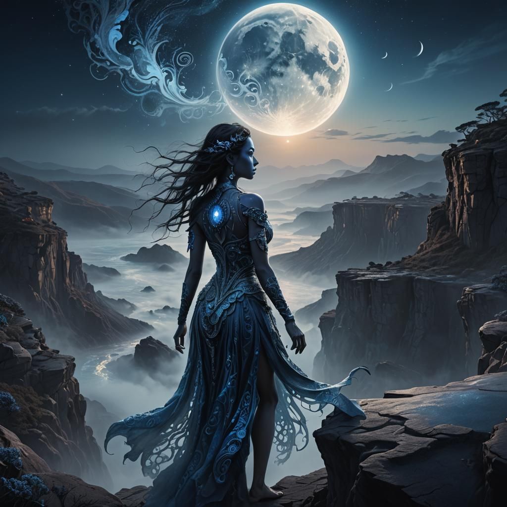 Moonlit Woman with Glowing Skin, Art Nouveau Style