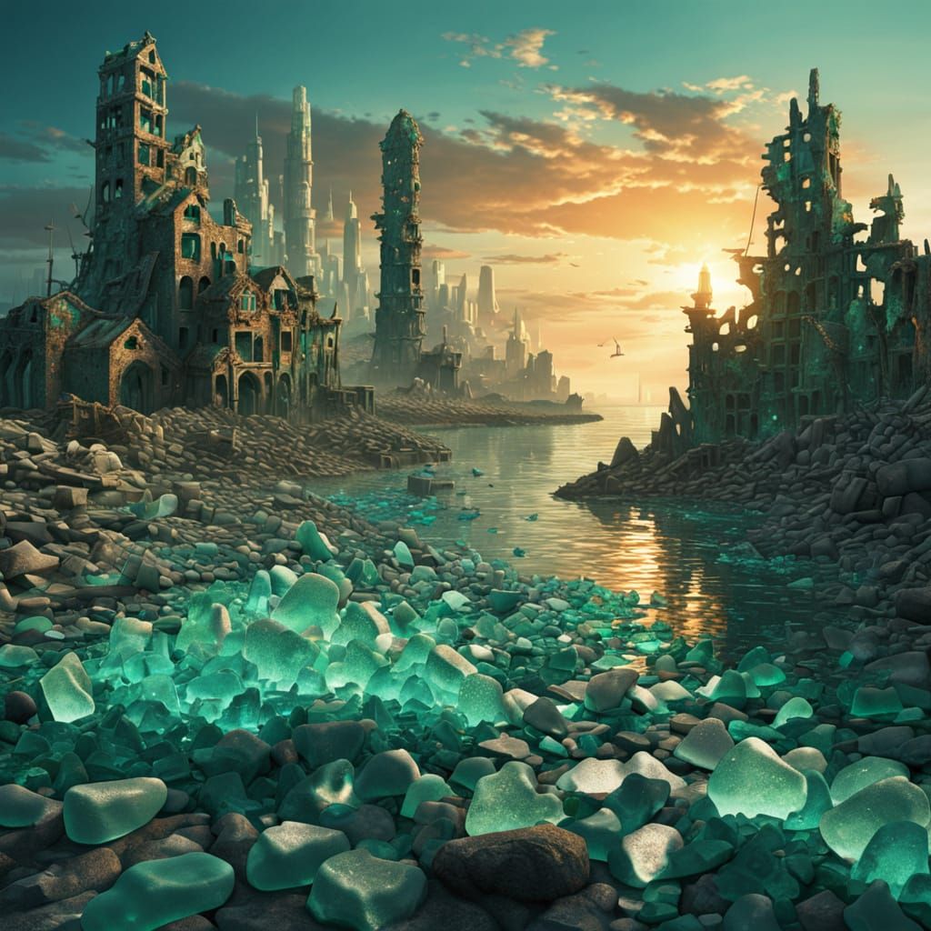 Surreal Sea Glass Harbor City at Dusk