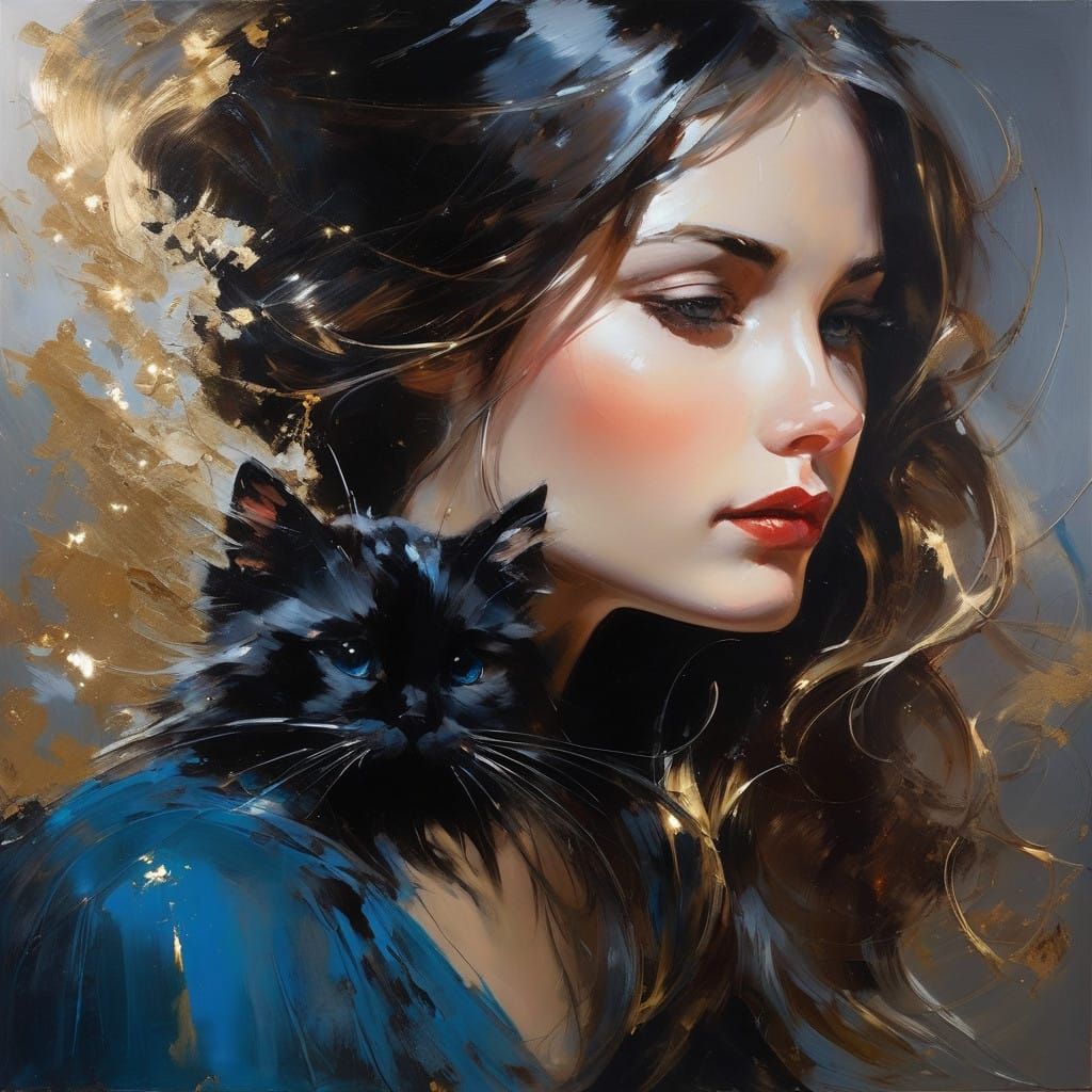 Sweet Girl Poses with Furry Black Cat in Rich, Velvet-Colore...