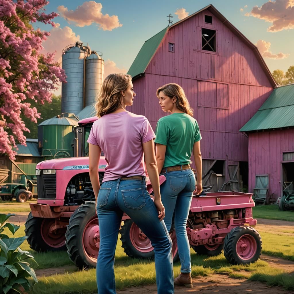Woman Beside Pink Tractor in Dreamy Landscape