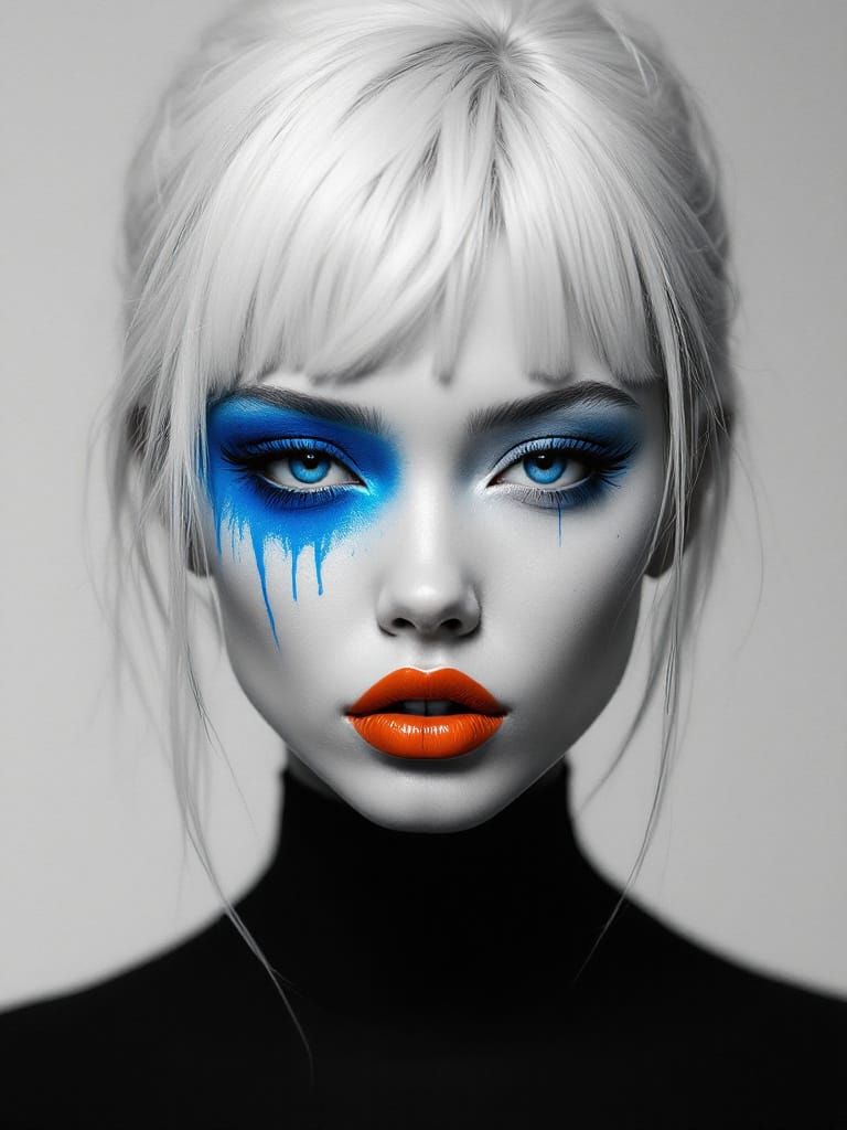 Monochrome Portrait with Vivid Blue Eyes and Orange Lips
