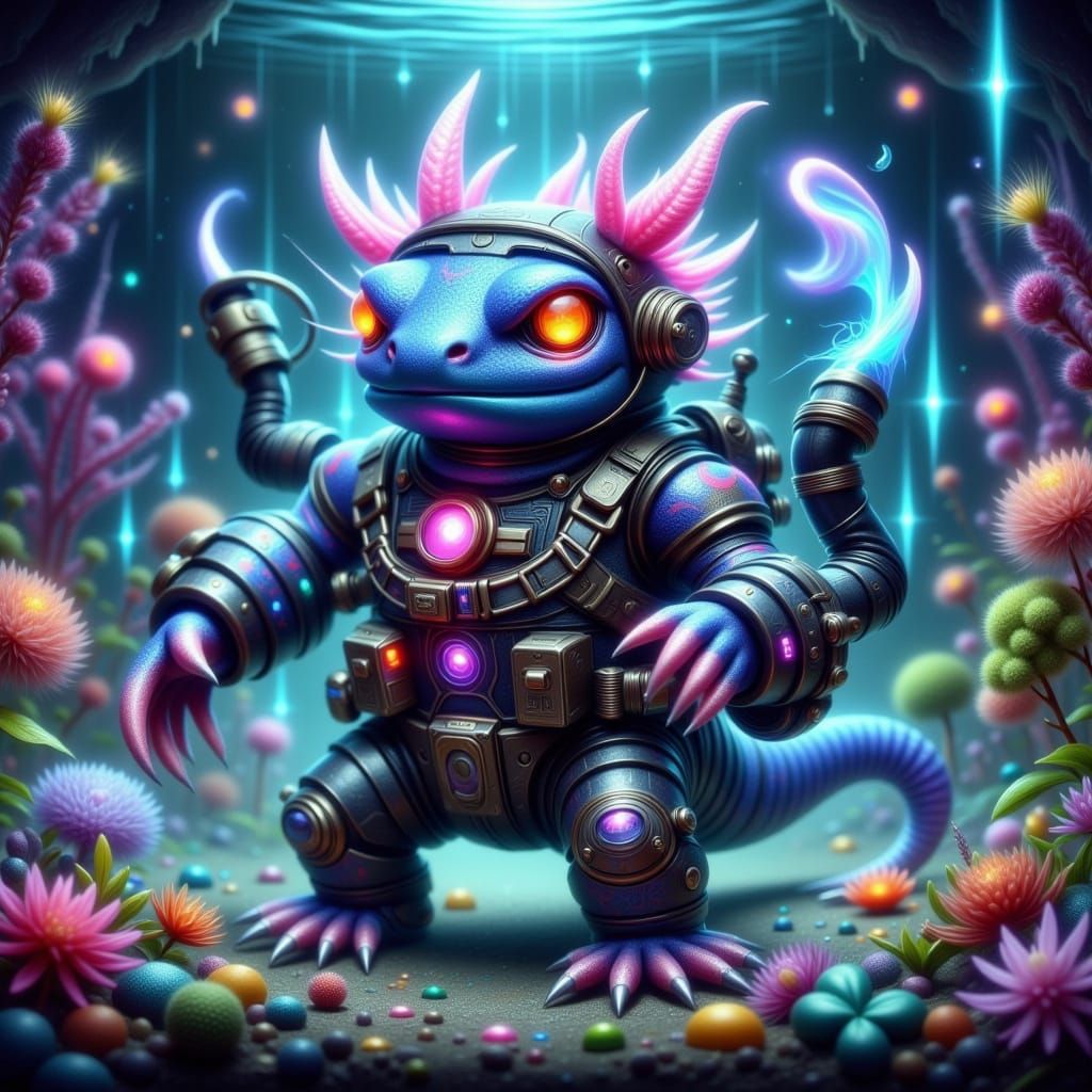 Axolotl Warrior in Neon-Lit Aquarium