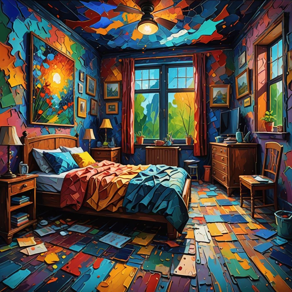 Vibrant Neo-Impressionist Bedroom Scene in Thick, Textured P...