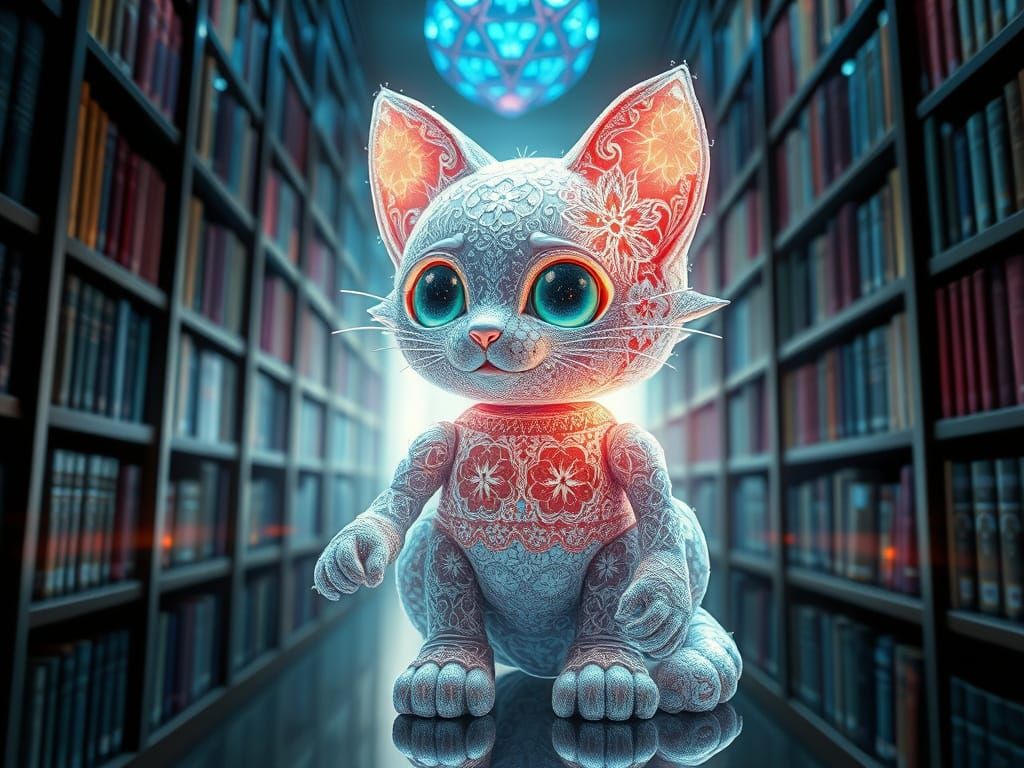 Robot Kitty Amidst Fractal Lace in a Library with Rainbow Re...