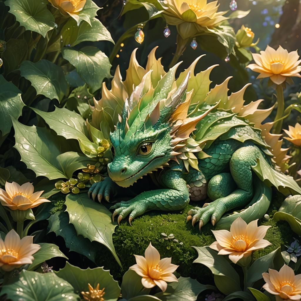 Baby Dragon Sleeping in Giant Flower, Fairyland Concept Art