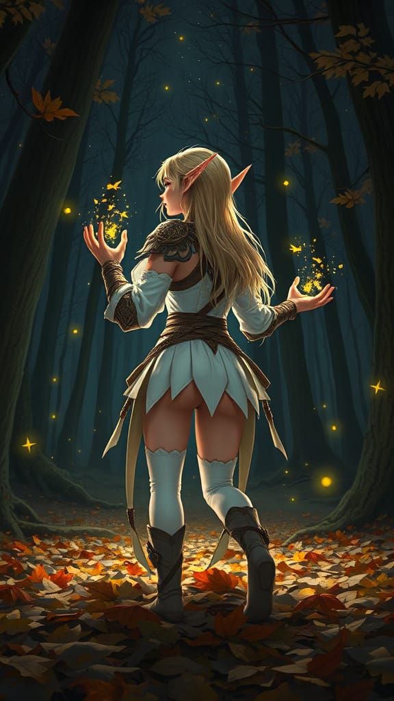 Enchanting Elf in Forest Scene, Digital Art